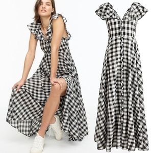 J. Crew Black and White Gingham Ruffle-Trim Midi Dress